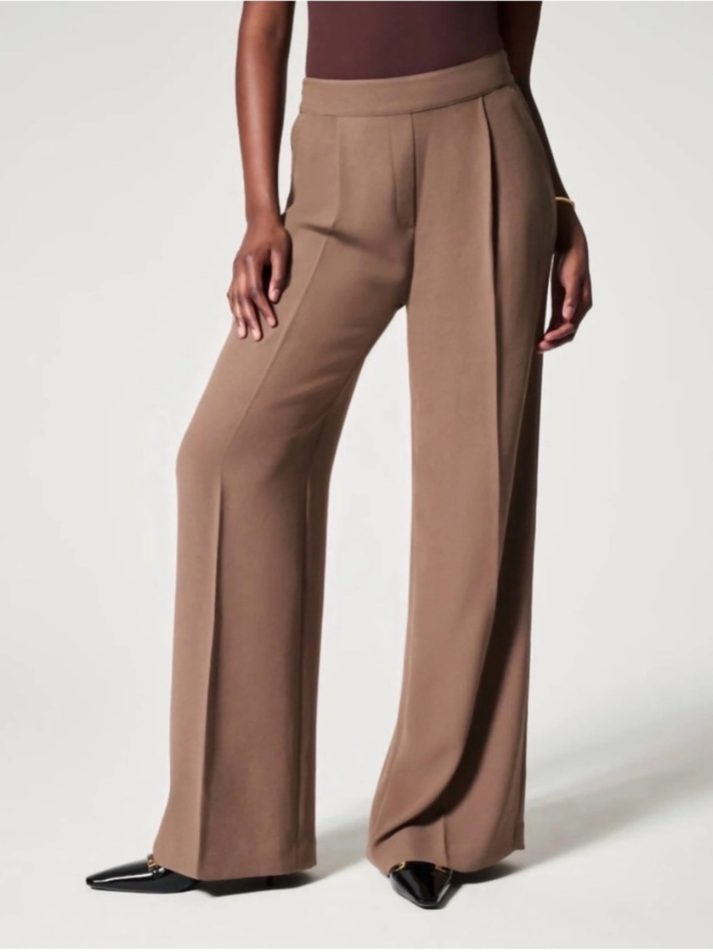 NWT Spanx Crepe Pleated Trouser Wide Leg Cedar Brown Size Petite Medium